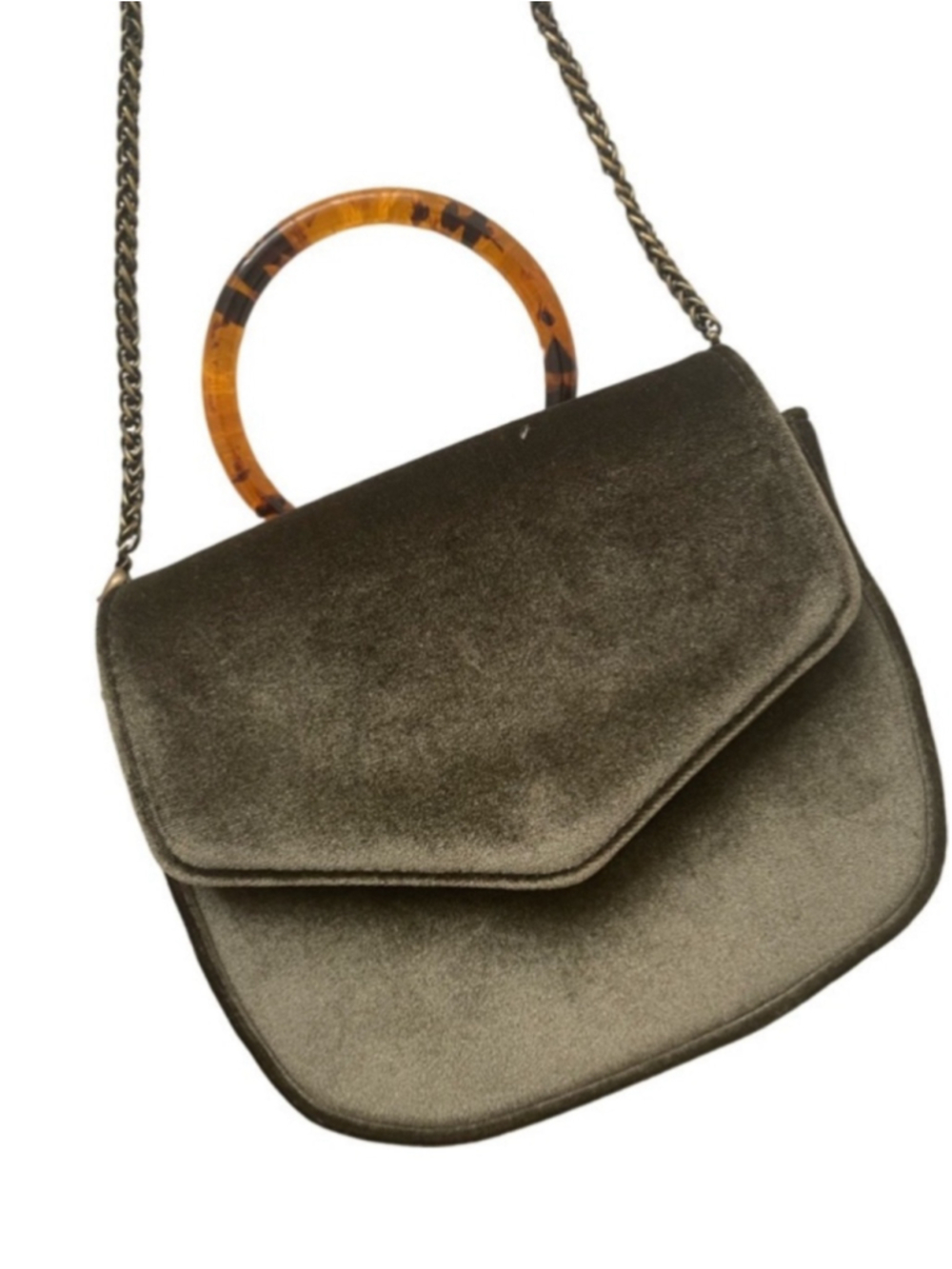 Anthropologie Simone Velvet Lucite Handle Crossbody Bag Olive Green